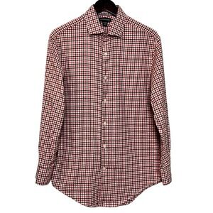 LANDS' END Tailored Fit Brown‎ Red Check Print ButtonUp Shirt Size 15.5 Casual